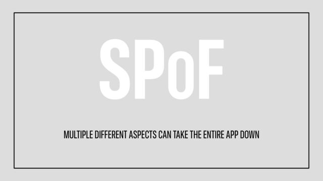 SPOF
MULTIPLE DIFFERENT ASPECTS CAN TAKE THE ENTIRE APP DOWN

