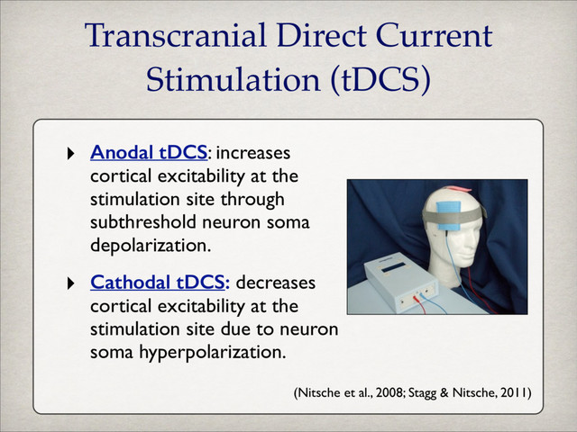 Transcranial Direct Current
Stimulation (tDCS)
‣ Anodal tDCS: increases
cortical excitability at the
stimulation site through
subthreshold neuron soma
depolarization. 	

‣ Cathodal tDCS: decreases
cortical excitability at the
stimulation site due to neuron
soma hyperpolarization.
(Nitsche et al., 2008; Stagg & Nitsche, 2011)

