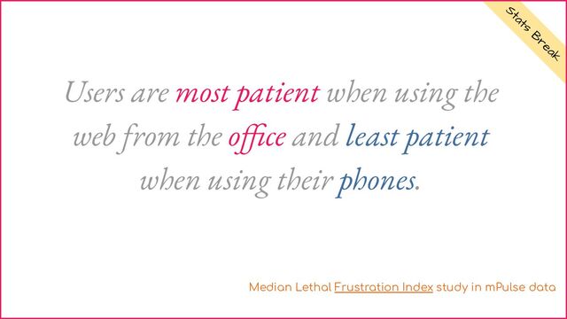 Stats
B
reak
Users are most patient when using the
web from the oﬃce and least patient
when using their phones.
Median Lethal Frustration Index study in mPulse data
