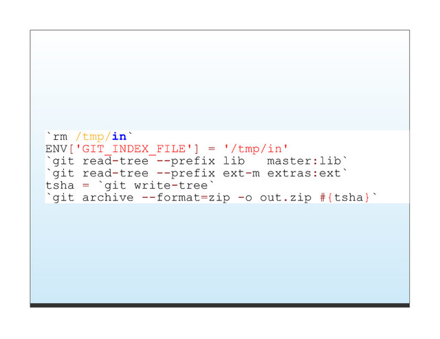 `rm /tmp/in`
ENV['GIT_INDEX_FILE'] = '/tmp/in'
`git read-tree --prefix lib master:lib`
`git read-tree --prefix ext-m extras:ext`
tsha = `git write-tree`
`git archive --format=zip -o out.zip #{tsha}`
