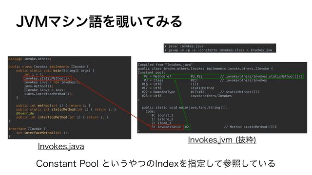 *OWPLFTKBWB
package invoke.others;


public class Invokes implements IInvoke {


public static void main(String[] args) {


int i = 1;


Invokes.staticMethod(i);


Invokes invs = new Invokes();


invs.method(i);


IInvoke iinvs = invs;


iinvs.interfaceMethod(i);


}


public int method(int i) { return i; }


public static int staticMethod(int i) { return i; }


@Override


public int interfaceMethod(int i) { return i; }


}


interface IInvoke {


int interfaceMethod(int i);


}
❯ javac Invokes.java


❯ javap -v -p -s -constants Invokes.class > Invokes.jvm
Compiled from "Invokes.java"


public class invoke.others.Invokes implements invoke.others.IInvoke {


Constant pool:


#2 = Methodref #3.#22 // invoke/others/Invokes.staticMethod:(I)I


#3 = Class #23 // invoke/others/Invokes


#16 = Utf8 (I)I


#17 = Utf8 staticMethod


#22 = NameAndType #17:#16 // staticMethod:(I)I


#23 = Utf8 invoke/others/Invokes


:


public static void main(java.lang.String[]);


Code:


0: iconst_1


1: istore_1


2: iload_1


3: invokestatic #2 // Method staticMethod:(I)I


:
*OWPLFTKWN ൈਮ

+7.ϚγϯޠΛ೷͍ͯΈΔ
$POTUBOU1PPMͱ͍͏΍ͭͷ*OEFYΛࢦఆͯ͠ࢀর͍ͯ͠Δ
