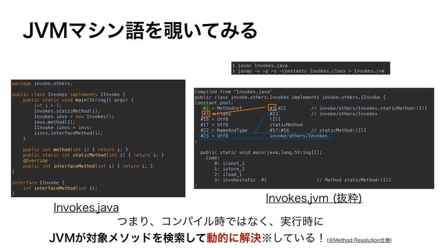 *OWPLFTKBWB
package invoke.others;


public class Invokes implements IInvoke {


public static void main(String[] args) {


int i = 1;


Invokes.staticMethod(i);


Invokes invs = new Invokes();


invs.method(i);


IInvoke iinvs = invs;


iinvs.interfaceMethod(i);


}


public int method(int i) { return i; }


public static int staticMethod(int i) { return i; }


@Override


public int interfaceMethod(int i) { return i; }


}


interface IInvoke {


int interfaceMethod(int i);


}
❯ javac Invokes.java


❯ javap -v -p -s -constants Invokes.class > Invokes.jvm
Compiled from "Invokes.java"


public class invoke.others.Invokes implements invoke.others.IInvoke {


Constant pool:


#2 = Methodref #3.#22 // invoke/others/Invokes.staticMethod:(I)I


#3 = Class #23 // invoke/others/Invokes


#16 = Utf8 (I)I


#17 = Utf8 staticMethod


#22 = NameAndType #17:#16 // staticMethod:(I)I


#23 = Utf8 invoke/others/Invokes


:


public static void main(java.lang.String[]);


Code:


0: iconst_1


1: istore_1


2: iload_1


3: invokestatic #2 // Method staticMethod:(I)I


:
*OWPLFTKWN ൈਮ

+7.ϚγϯޠΛ೷͍ͯΈΔ
ͭ·ΓɺίϯύΠϧ࣌Ͱ͸ͳ͘ɺ࣮ߦ࣌ʹ
+7.͕ର৅ϝιουΛݕࡧͯ͠ಈతʹղܾ˞͍ͯ͠Δʂ ˞.FUIPE3FTPMVUJPO࢓༷

