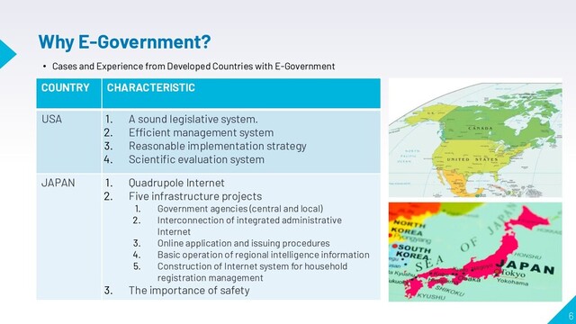 6
Why E-Government?
• Cases and Experience from Developed Countries with E-Government
COUNTRY CHARACTERISTIC
USA 1. A sound legislative system.
2. Efficient management system
3. Reasonable implementation strategy
4. Scientiﬁc evaluation system
JAPAN 1. Quadrupole Internet
2. Five infrastructure projects
1. Government agencies (central and local)
2. Interconnection of integrated administrative
Internet
3. Online application and issuing procedures
4. Basic operation of regional intelligence information
5. Construction of Internet system for household
registration management
3. The importance of safety
