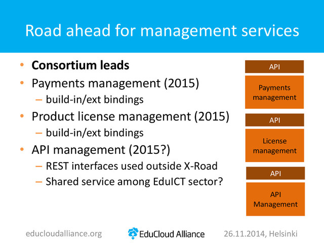Road ahead for management services
• Consortium leads
• Payments management (2015)
– build-in/ext bindings
• Product license management (2015)
– build-in/ext bindings
• API management (2015?)
– REST interfaces used outside X-Road
– Shared service among EduICT sector?
educloudalliance.org 26.11.2014, Helsinki
Payments
management
API
License
management
API
API
Management
API
