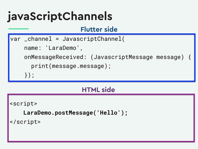javaScriptChannels
var _channel = JavascriptChannel(
name: 'LaraDemo',
onMessageReceived: (JavascriptMessage message) {
print(message.message);
});
Flutter side

LaraDemo.postMessage('Hello');

HTML side
