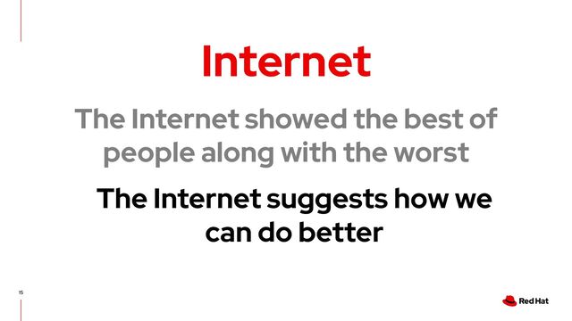 15
Internet
The Internet showed the best of
people along with the worst
The Internet suggests how we
can do better

