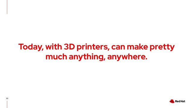 20
Today, with 3D printers, can make pretty
much anything, anywhere.
