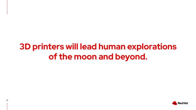 21
3D printers will lead human explorations
of the moon and beyond.
