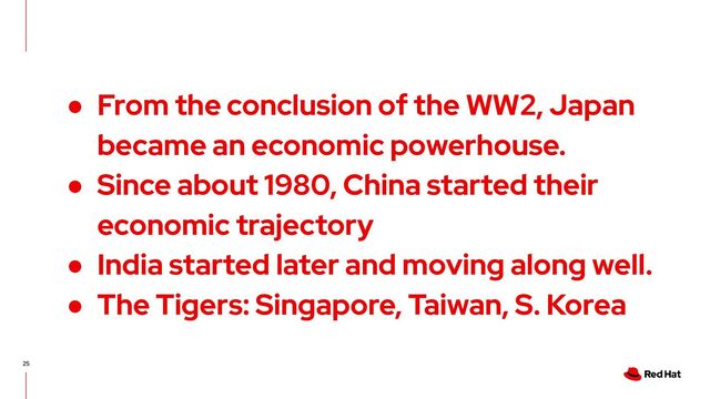 25
● From the conclusion of the WW2, Japan
became an economic powerhouse.
● Since about 1980, China started their
economic trajectory
● India started later and moving along well.
● The Tigers: Singapore, Taiwan, S. Korea
