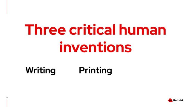 9
Three critical human
inventions
Writing Printing

