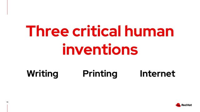 10
Three critical human
inventions
Writing Printing Internet
