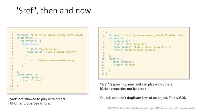 #ASC2019 – Ben Hutton @relequestual – JSON Schema core – jsonschema.dev
"$ref", then and now
"$ref" not allowed to play with others
(All other properties ignored)
"$ref" is grown up now and can play with others
(Other properties not ignored)
You still shouldn't duplicate keys of an object. That's JSON.
