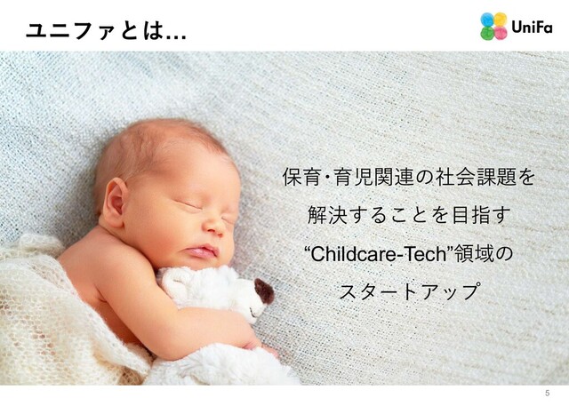 ϢχϑΝͱ͸…
保育･育児関連の社会課題を
解決することを⽬指す
“Childcare-Tech”領域の
スタートアップ
5
