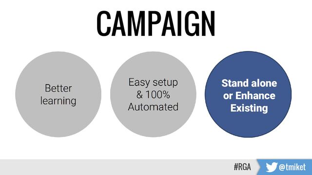 CAMPAIGN
#RGA @tmiket
Stand alone
or Enhance
Existing
