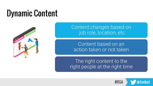 Dynamic Content
Content changes based on
job role, location, etc
Content based on an
action taken or not taken
The right content to the
right people at the right time
#RGA @tmiket
