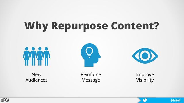 Why Repurpose Content?
#RGA @tmiket
Improve
Visibility
Reinforce
Message
New
Audiences

