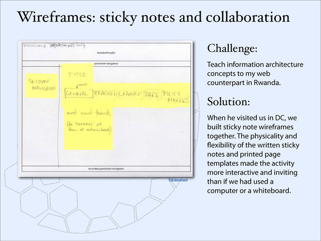 Wireframes: sticky notes and collaboration
Challenge:
Teach information architecture
concepts to my web
counterpart in Rwanda.
Solution:
When he visited us in DC, we
built sticky note wireframes
together. The physicality and
exibility of the written sticky
notes and printed page
templates made the activity
more interactive and inviting
than if we had used a
computer or a whiteboard.
Full document
