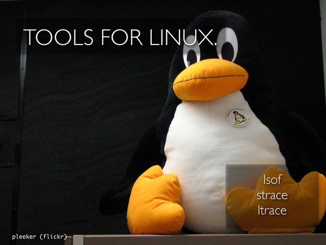 TOOLS FOR LINUX.
pleeker (flickr)
lsof
strace
ltrace

