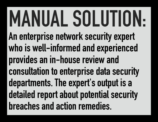 MANUAL SOLUTION:
An enterprise network security expert
who is well-informed and experienced
provides an in-house review and
consultation to enterprise data security
departments. The expert's output is a
detailed report about potential security
breaches and action remedies.
