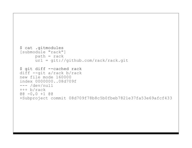 $ cat .gitmodules
[submodule "rack"]
path = rack
url = git://github.com/rack/rack.git
$ git diff --cached rack
diff --git a/rack b/rack
new file mode 160000
index 0000000..08d709f
--- /dev/null
+++ b/rack
@@ -0,0 +1 @@
+Subproject commit 08d709f78b8c5b0fbeb7821e37fa53e69afcf433
