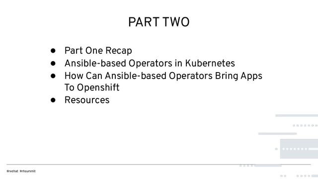 PART TWO
● Part One Recap
● Ansible-based Operators in Kubernetes
● How Can Ansible-based Operators Bring Apps
To Openshift
● Resources
