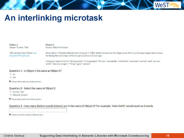 Supporting Data Interlinking in Semantic Libraries with Microtask Crowdsourcing 15
Cristina Sarasua
An interlinking microtask
