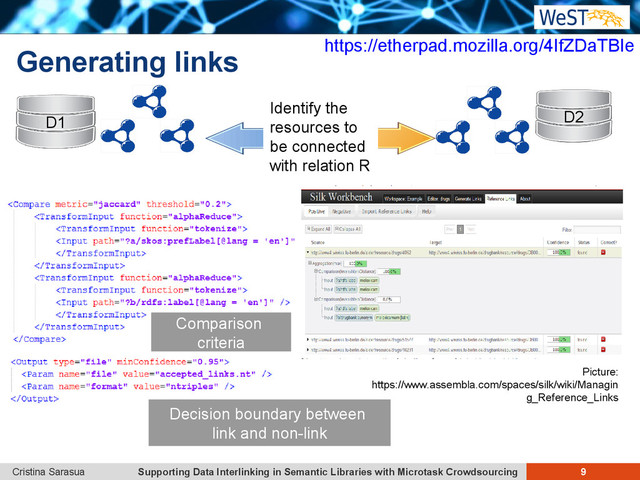 Supporting Data Interlinking in Semantic Libraries with Microtask Crowdsourcing 9
Cristina Sarasua
Generating links
Comparison
criteria
https://etherpad.mozilla.org/4IfZDaTBIe
D1 D2
Identify the
resources to
be connected
with relation R
Picture:
https://www.assembla.com/spaces/silk/wiki/Managin
g_Reference_Links
Decision boundary between
link and non-link
