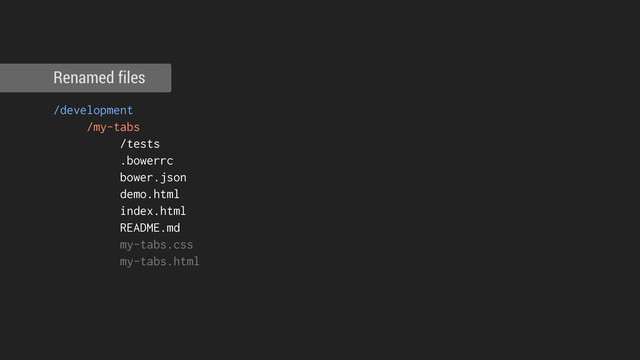 /development
/my-tabs
/tests
.bowerrc
bower.json
demo.html
index.html
README.md
my-tabs.css
my-tabs.html
Renamed files
