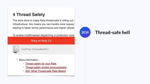 2010 Thread-safe hell
Ruby on Rails 2.2
