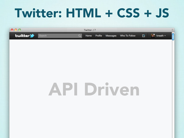 Twitter: HTML + CSS + JS
API Driven
