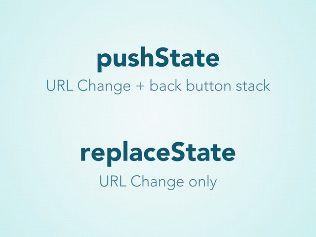 pushState
replaceState
URL Change + back button stack
URL Change only
