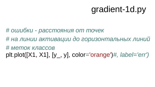 gradient-1d.py
# ошибки - расстояния от точек
# на линии активации до горизонтальных линий
# меток классов
plt.plot([X1, X1], [y_, y], color='orange')#, label='err')
