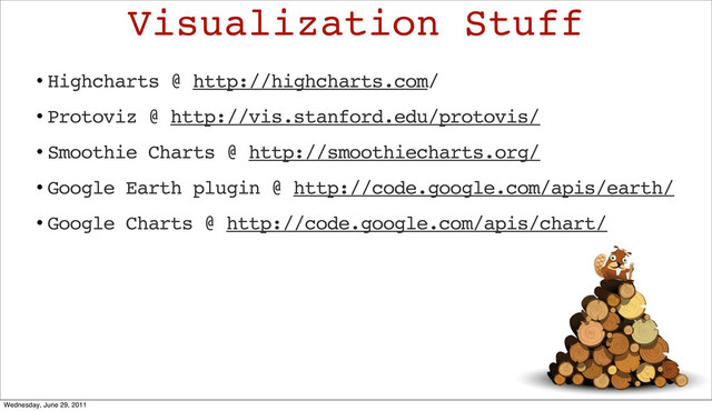 • Highcharts @ http://highcharts.com/
• Protoviz @ http://vis.stanford.edu/protovis/
• Smoothie Charts @ http://smoothiecharts.org/
• Google Earth plugin @ http://code.google.com/apis/earth/
• Google Charts @ http://code.google.com/apis/chart/
Visualization Stuff
Wednesday, June 29, 2011
