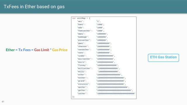TxFees in Ether based on gas
47
Ether = Tx Fees = Gas Limit * Gas Price
ETH Gas Station
