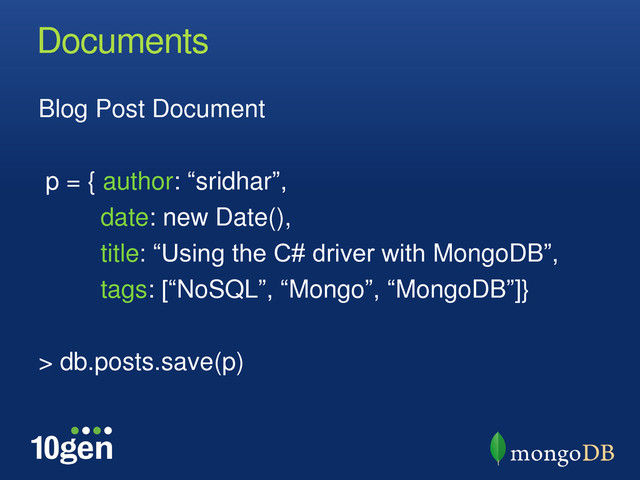 Documents
Blog Post Document
p = { author: “sridhar”,
date: new Date(),
title: “Using the C# driver with MongoDB”,
tags: [“NoSQL”, “Mongo”, “MongoDB”]}
> db.posts.save(p)
