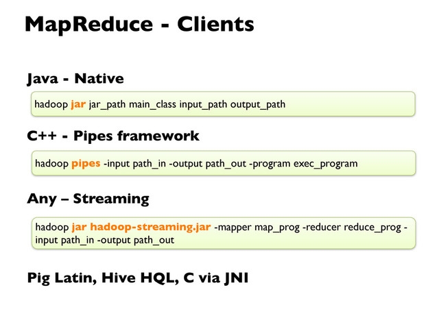 Java - Native
C++ - Pipes framework
Any – Streaming
Pig Latin, Hive HQL, C via JNI
hadoop pipes -input path_in -output path_out -program exec_program
hadoop jar hadoop-streaming.jar -mapper map_prog -reducer reduce_prog -
input path_in -output path_out
hadoop jar jar_path main_class input_path output_path
MapReduce - Clients
