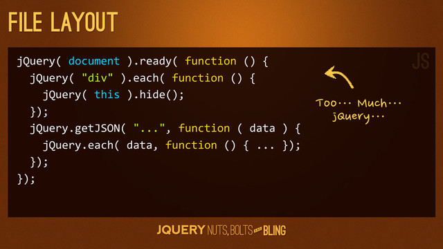 A N D
File layout
jQuery(	  document	  ).ready(	  function	  ()	  {
	  	  jQuery(	  "div"	  ).each(	  function	  ()	  {
	  	  	  	  jQuery(	  this	  ).hide();
	  	  });
	  	  jQuery.getJSON(	  "...",	  function	  (	  data	  )	  {
	  	  	  	  jQuery.each(	  data,	  function	  ()	  {	  ...	  });
	  	  });
});
Too…⋯