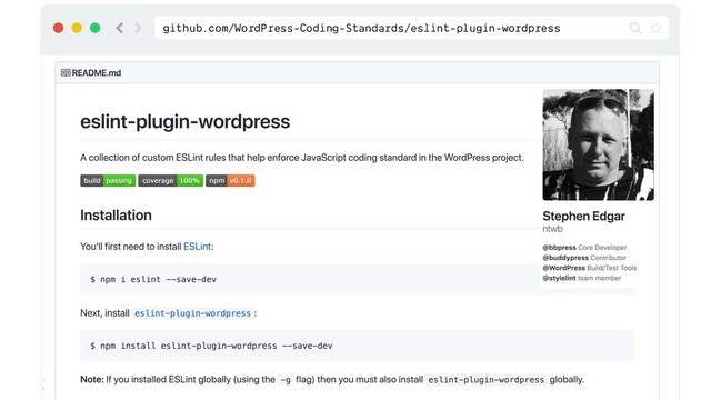@zgordon
javascriptforwp.com/bmore
github.com/WordPress-Coding-Standards/eslint-plugin-wordpress
