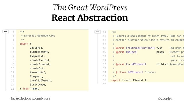 @zgordon
javascriptforwp.com/bmore
The Great WordPress
React Abstraction
