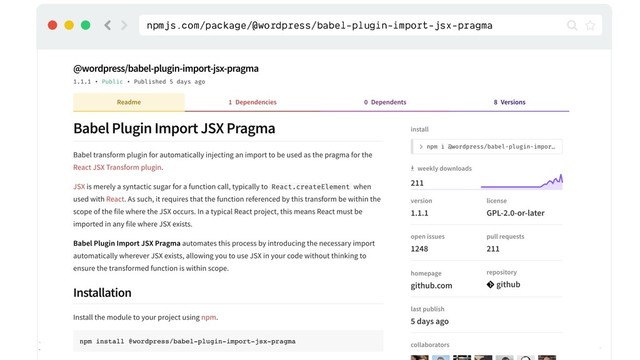 @zgordon
javascriptforwp.com/bmore
npmjs.com/package/@wordpress/babel-plugin-import-jsx-pragma
