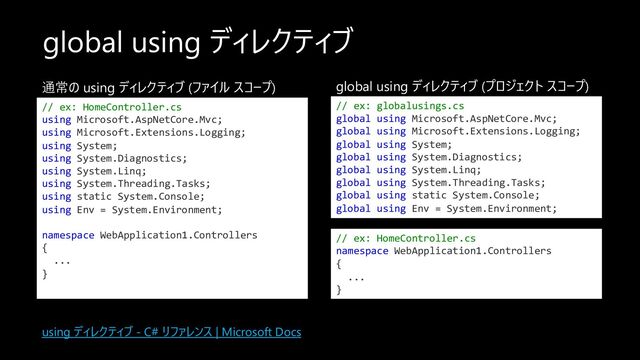 global using ディレクティブ
using ディレクティブ - C# リファレンス | Microsoft Docs
// ex: HomeController.cs
using Microsoft.AspNetCore.Mvc;
using Microsoft.Extensions.Logging;
using System;
using System.Diagnostics;
using System.Linq;
using System.Threading.Tasks;
using static System.Console;
using Env = System.Environment;
namespace WebApplication1.Controllers
{
...
}
通常の using ディレクティブ (ファイル スコープ)
// ex: globalusings.cs
global using Microsoft.AspNetCore.Mvc;
global using Microsoft.Extensions.Logging;
global using System;
global using System.Diagnostics;
global using System.Linq;
global using System.Threading.Tasks;
global using static System.Console;
global using Env = System.Environment;
global using ディレクティブ (プロジェクト スコープ)
// ex: HomeController.cs
namespace WebApplication1.Controllers
{
...
}

