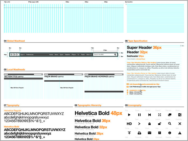 Play
To top
Pause
Print
Rewind
Email
Expand
Help
Pop–out
Info
Share
Alert
HD
Add
Next
Favourite
Lock
RSS
Unlock
Comment
Search
Parental
Close/No
Listen
09 Iconography
Helvetica Bold 48px
48px Leading / -30 Tracking
Helvetica Bold 36px
36px Leading / -30 Tracking
Helvetica Bold 32px
32px Leading / -20 Tracking
Helvetica Bold 28px
28px Leading / -15 Tracking
Helvetica Bold 24px
08 Typographic Hierarchy
Helvetica Regular
ABCDEFGHIJKLMNOPQRSTUVWXYZ
abcdefghijklmnopqrstuvwxyz
1234567890!@£$%^&*()_+
Helvetica Bold
ABCDEFGHIJKLMNOPQRSTUVWXYZ
abcdefghijklmnopqrstuvwxyz
1234567890!@£$%^&*()_+
07 Typography
Super Header 36px
Header 32px
Subheader 20px
TIME STAMPS 11PX CAPITALS
Copy 13px Helvetica Bold on 16px leading Lorem ipsum dolor sit amet,
consectetur adipiscing elit. Fusce sed leo. Maecenas ultrices lorem sit amet
diam. Aliquam sollicitudin tristique nulla. Duis libero diam, condimentum et,
condimentum in, congue eu, tellus. Phasellus eu elit at nisi ultricies lobortis.
Suspendisse porta commodo leo.
Copy 13px Helvetica Roman on 16px leading Lorem ipsum dolor sit amet,
consectetur adipiscing elit. Fusce sed leo. Maecenas ultrices lorem sit amet
diam. Aliquam sollicitudin tristique nulla. Duis libero diam, condimentum et,
condimentum in, congue eu, tellus. Phasellus eu elit at nisi ultricies lobortis.
Suspendisse porta commodo leo. Sed tincidunt tincidunt massa.
Link Suspendisse porta commodo leo 13px
Link Pellentesque mollis nisi eget purus 13px
COMMENTS 11PX CAPITAL
EMAIL 11PX CAPITAL
PRINT 11PX CAPITAL
8px
06 Type Speciﬁcation
05 Local Mastheads
48px Gill Sans Regular 34px Gill Sans Regular
Sign in | Preferences Home | News | Sport | Weather | iPlayer | TV | Radio | More Search the BBC
40px
216px
8px 8px 8px
16px
04 Global Masthead
8px
8px
8px baseline
304px 304px 336px
16px units 976px page width
