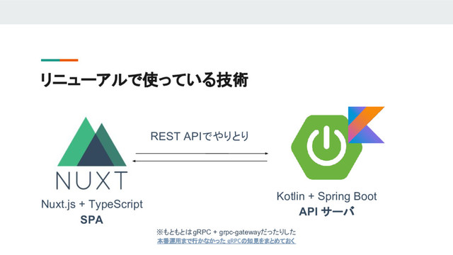 リニューアルで使っている技術
Kotlin + Spring Boot
API サーバ
REST APIでやりとり
Nuxt.js + TypeScript
SPA
※もともとはgRPC + grpc-gatewayだったりした
本番運用まで行かなかった gRPCの知見をまとめておく
