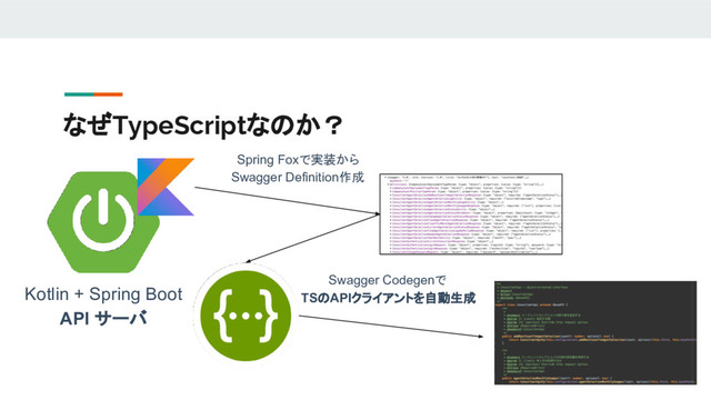 なぜTypeScriptなのか？
Kotlin + Spring Boot
API サーバ
Spring Foxで実装から
Swagger Definition作成
Swagger Codegenで
TSのAPIクライアントを自動生成
