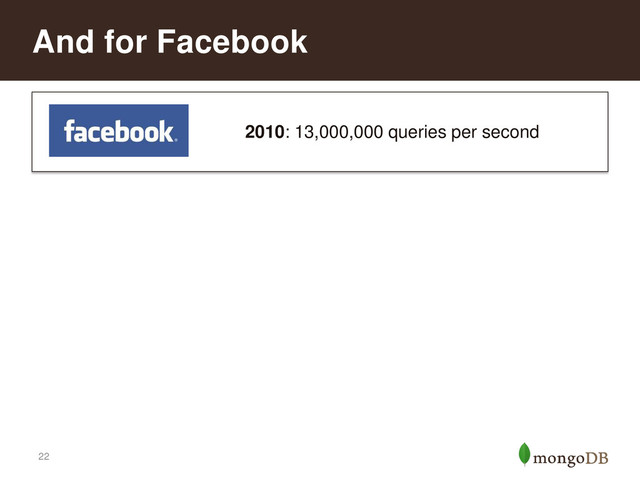 22
And for Facebook
2010: 13,000,000 queries per second
