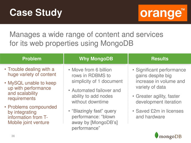 36
Manages a wide range of content and services
for its web properties using MongoDB
Case Study
Problem Why MongoDB Results
• Trouble dealing with a
huge variety of content
• MySQL unable to keep
up with performance
and scalability
requirements
• Problems compounded
by integrating
information from T-
Mobile joint venture
• Move from 6 billion
rows in RDBMS to
simplicity of 1 document
• Automated failover and
ability to add nodes
without downtime
• “Blazingly fast” query
performance: “blown
away by [MongoDB’s]
performance”
• Significant performance
gains despite big
increase in volume and
variety of data
• Greater agility, faster
development iteration
• Saved £2m in licenses
and hardware
