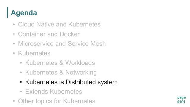 Agenda
page
0101
• Cloud Native and Kubernetes
• Container and Docker
• Microservice and Service Mesh
• Kubernetes
• Kubernetes & Workloads
• Kubernetes & Networking
• Kubernetes is Distributed system
• Extends Kubernetes
• Other topics for Kubernetes
