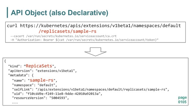 API Object (also Declarative)
page
0105
curl https://kubernetes/apis/extensions/v1beta1/namespaces/default
/replicasets/sample-rs
--cacert /var/run/secrets/kubernetes.io/serviceaccount/ca.crt
-H "Authorization: Bearer $(cat /var/run/secrets/kubernetes.io/serviceaccount/token)”
{
"kind": ”RepicaSets",
"apiVersion": "extensions/v1beta1",
"metadata": {
"name": "sample-rs",
"namespace": "default",
"selfLink": "/apis/extensions/v1beta1/namespaces/default/replicasets/sample-rs",
"uid": "f10cdd9e-f249-11e8-9dde-42010a92013a",
"resourceVersion": "5004593",
...
