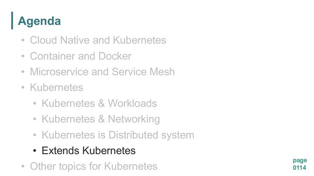 Agenda
page
0114
• Cloud Native and Kubernetes
• Container and Docker
• Microservice and Service Mesh
• Kubernetes
• Kubernetes & Workloads
• Kubernetes & Networking
• Kubernetes is Distributed system
• Extends Kubernetes
• Other topics for Kubernetes
