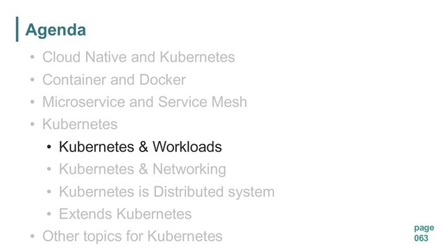 Agenda
page
063
• Cloud Native and Kubernetes
• Container and Docker
• Microservice and Service Mesh
• Kubernetes
• Kubernetes & Workloads
• Kubernetes & Networking
• Kubernetes is Distributed system
• Extends Kubernetes
• Other topics for Kubernetes
